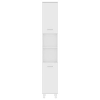 Slim tall cabinet with door at top and bottom and open middle shelves.