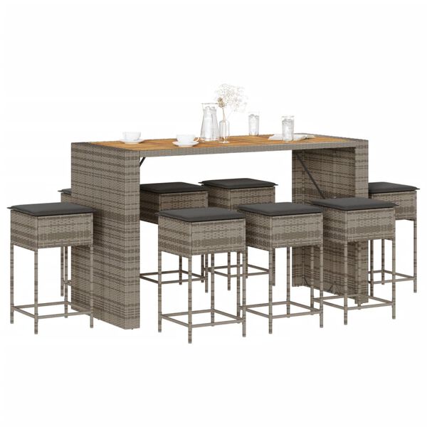vidaXL Patio Bar Set Set of 8 Gray Poly Rattan Large Removable Covers