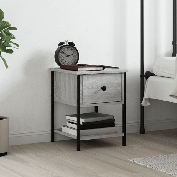 vidaXL Bedside Table Grey Sonoma Engineered Wood, Iron Small Nightstand