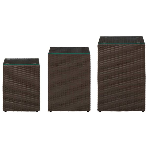 vidaXL Side Table Set of 3 Brown Poly rattan, glass, metal