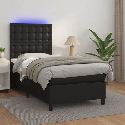 vidaXL Box Spring Bed with Mattress&LED Black Twin XL Faux Leather