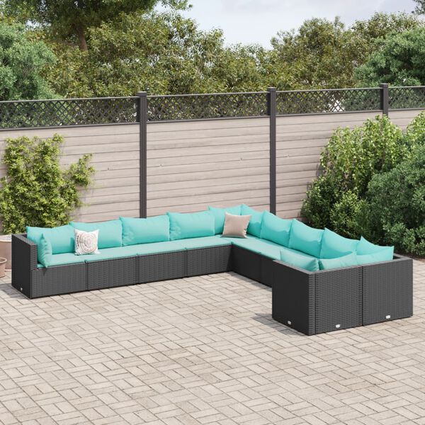 vidaXL 10 Piece Patio Sofa Set with Cushions Black Poly Rattan