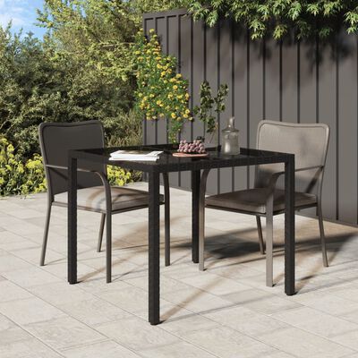 vidaXL Patio Table 35.4"x35.4"x29.5" Tempered Glass and Poly Rattan Black