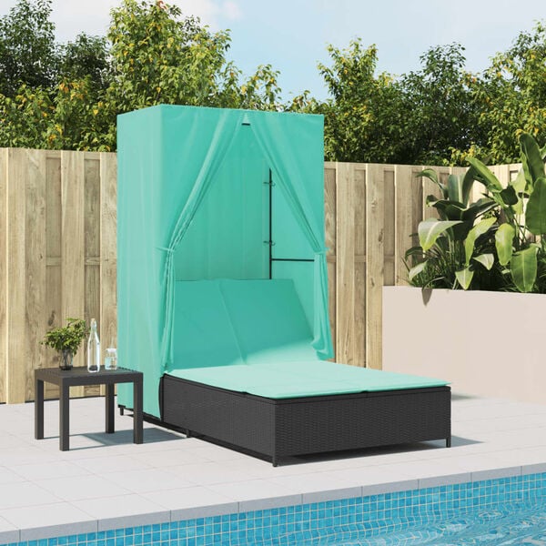 vidaXL Double Sun Lounger with Roof and Curtains Black Poly Rattan