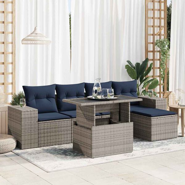 vidaXL 6 Piece Patio Sofa Set with Cushions Gray Poly Rattan Acacia