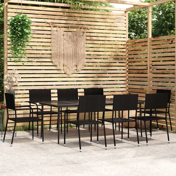 vidaXL Garden Dining Set Black Steel, PE rattan, Glass Large Stackable