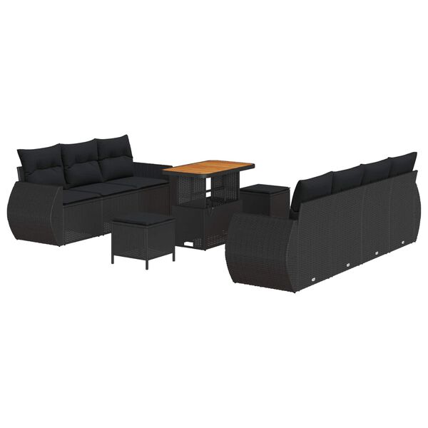 vidaXL Garden Sofa Set with Cushion 10 pcs Black Poly Rattan