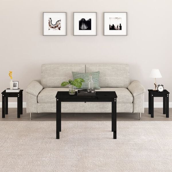 vidaXL Nesting Table Set of 3 Black Solid Pine Wood Stackable