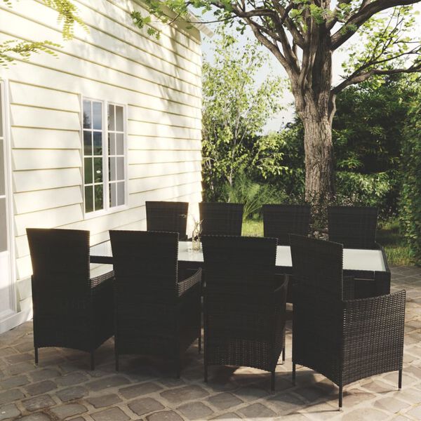 vidaXL 9 Piece Patio Dining Set with Cushions Poly Rattan Black