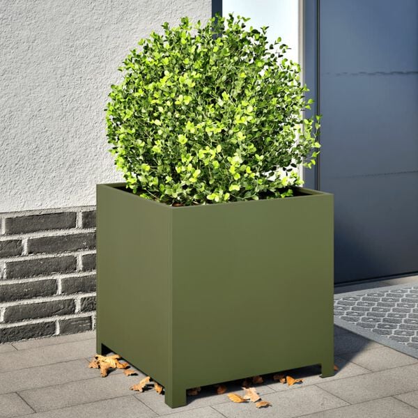 vidaXL Garden Planter Olive Green Steel 19.7 x 19.7 x 19.7 in Durable
