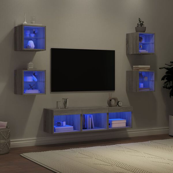 vidaXL TV Wall Unit Set of 7 Grey Sonoma Engineered wood, glass Large