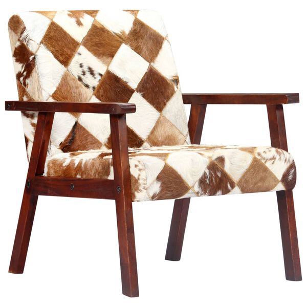 vidaXL Armchair White and Brown Goat Leather, Acacia Wood Standard