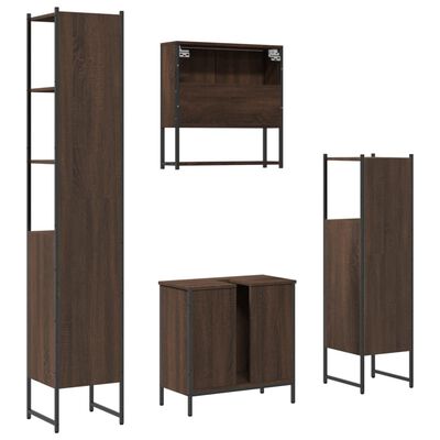 Group of dark wood bathroom cabinets: tall cabinet, wall cabinet, a double-door cabinet, and a slim cabinet.