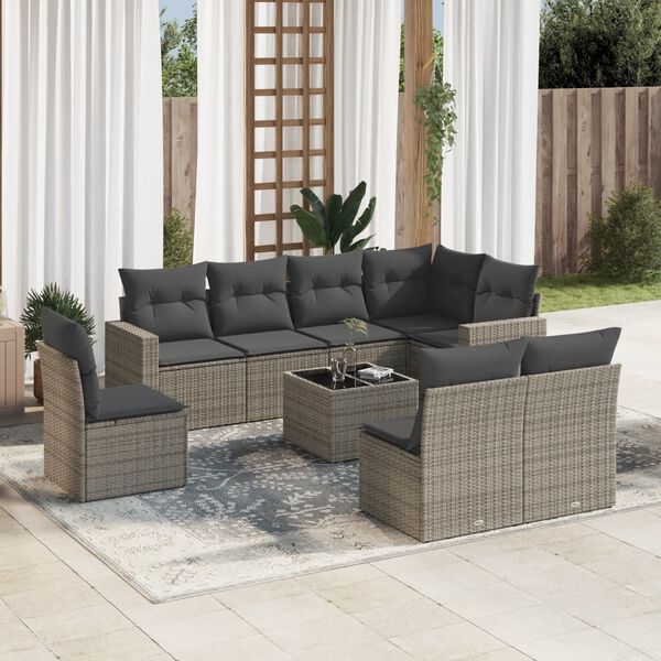 vidaXL 9 Piece Patio Sofa Set with Cushions Gray Poly Rattan