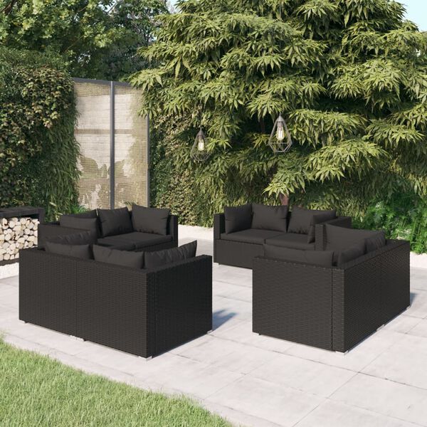 vidaXL Garden Lounge Set Black PE rattan, powder-coated steel, fabric