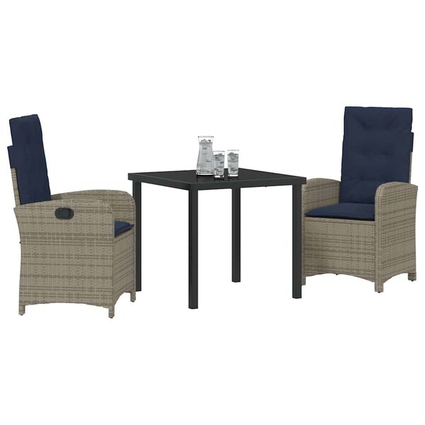 vidaXL Garden Dining Set with Cushion 3 pcs Grey Poly Rattan
