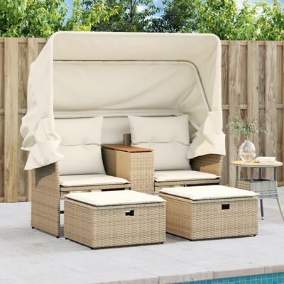 vidaXL Patio Sofa 2-Seater with Canopy and Stools Beige Poly Rattan
