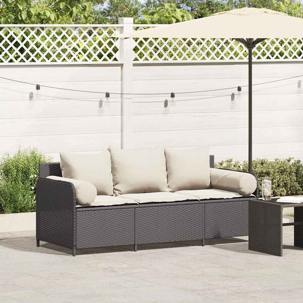 vidaXL Garden Sofa Black PE Rattan, Powder-Coated Steel 3-Seater