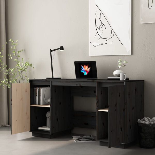 vidaXL Desk Black Solid Pine Wood Medium Desk Rectangular Modern