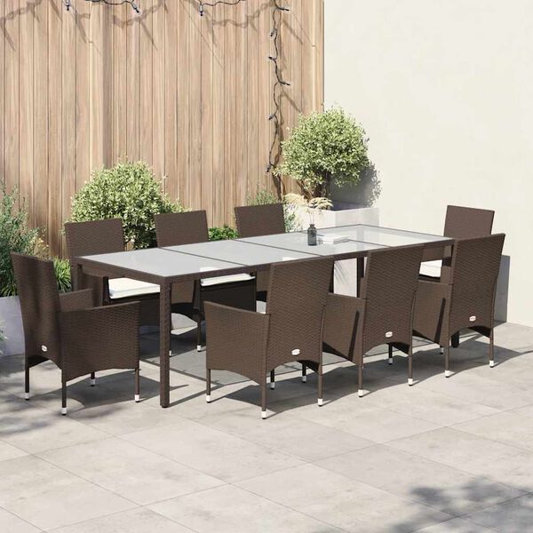 vidaXL 9 Piece Patio Dining Set with Cushions Brown Poly Rattan and Glass