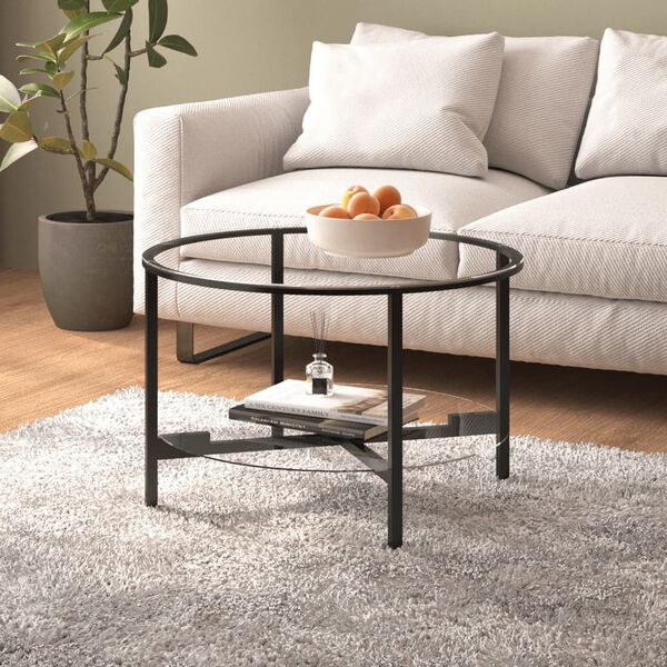 vidaXL Tea Table Black and Transparent Tempered Glass, Powder-Coated Iron
