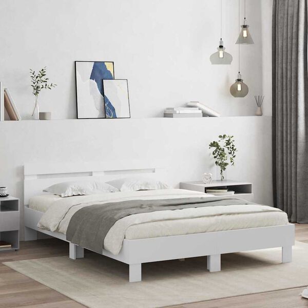 vidaXL Bed Frame with LED White 53.94 x 74.80 in Engineered Wood
