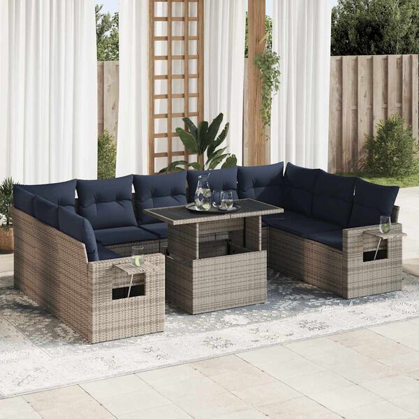 vidaXL 10 Piece Patio Sofa Set with Cushions Gray Poly Rattan Acacia