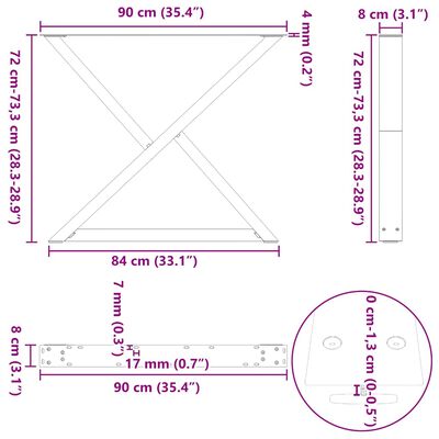Technical diagram with dimensions of desk and hardware, shows measurements