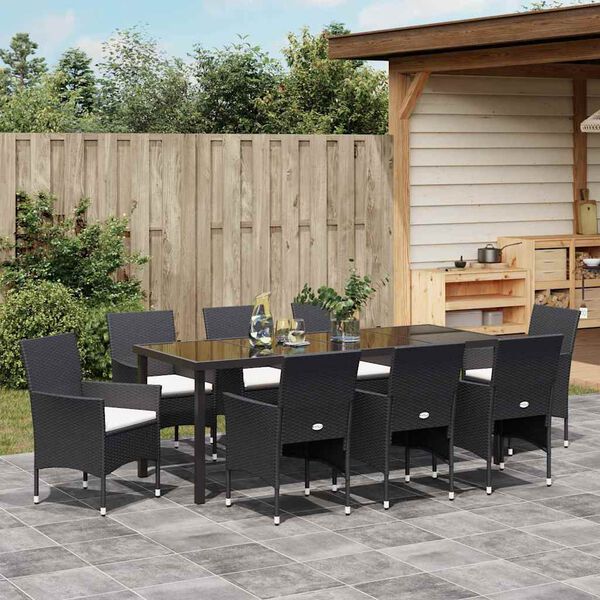 vidaXL Garden Dining Set with Cushion 9 pcs Black Poly Rattan