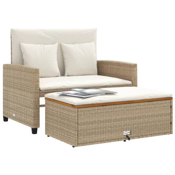 vidaXL Patio Sofa Beige Poly Rattan 2-Seater Convertible Patio Sofa