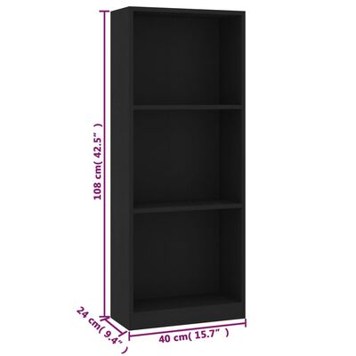 vidaXL 3-Tier Book Cabinet Black 15.7"x9.4"x42.5" Engineered Wood