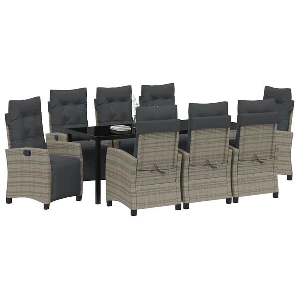 vidaXL Garden Dining Set with Cushion 9 pcs Grey Poly Rattan
