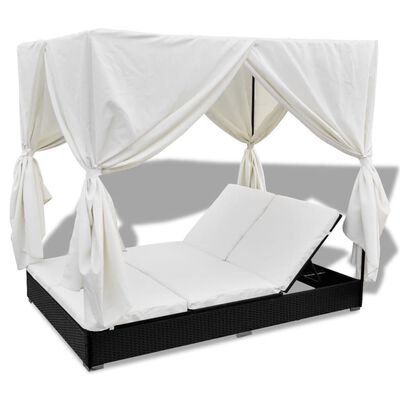 vidaXL Patio Lounge Bed with Curtains Poly Rattan Black