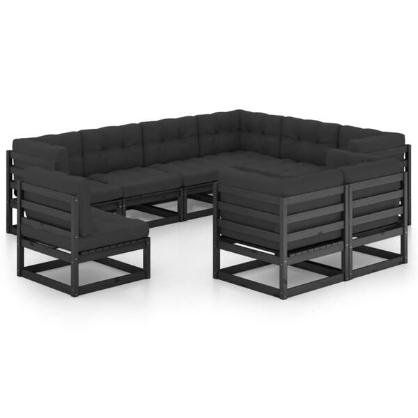 vidaXL Garden Lounge Set Black Solid pine wood, 100% polyester Large