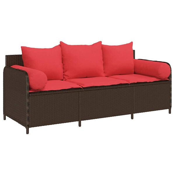 vidaXL Patio Sofa with Cushions 3-Seater Brown Poly Rattan