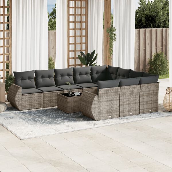 vidaXL Garden Sofa Set Grey PE rattan, powder-coated steel, tempered glass