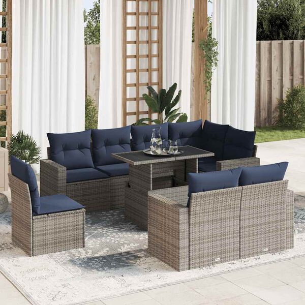 vidaXL 9 Piece Patio Sofa Set with Cushions Gray Poly Rattan Acacia