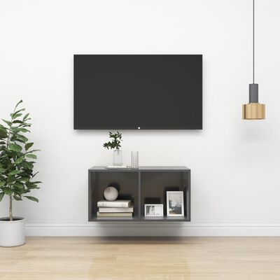 vidaXL Wall-mounted TV Cabinet High Gloss Gray 14.6"x14.6"x28.3" Engineered Wood
