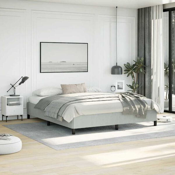 vidaXL Bed Frame Light Gray Velvet, Plywood, Engineered Wood