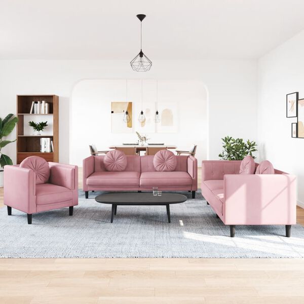 vidaXL Sofa Set Pink Velvet (100% polyester), plywood, solid wood