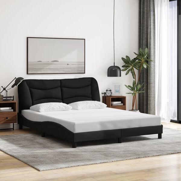 vidaXL Bed Frame Black Polyester, metal, solid pine wood, plywood Queen