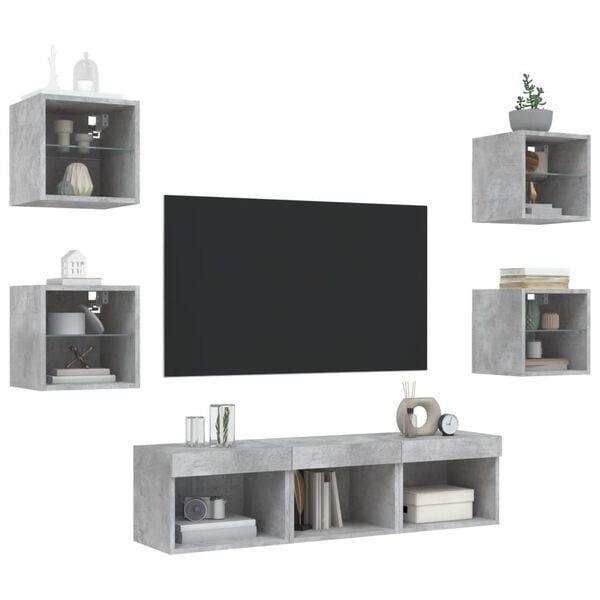 vidaXL TV Wall Unit Set of 7 Concrete Grey Engineered Wood, Glass Medium