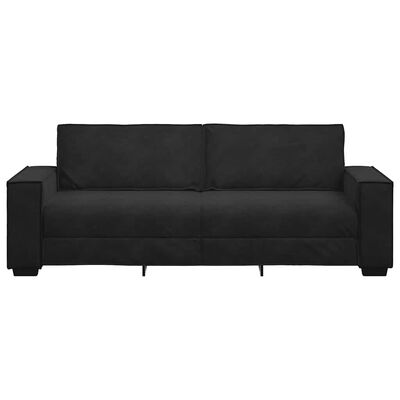 Side profile of a black sofa showing its solid arm, cushions, and leg supports in a flat-lay style.