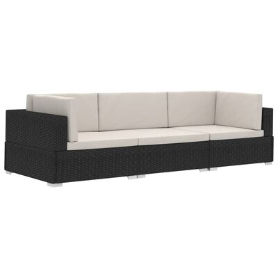 vidaXL 3 Piece Patio Sofa Set with Cushions Poly Rattan Black