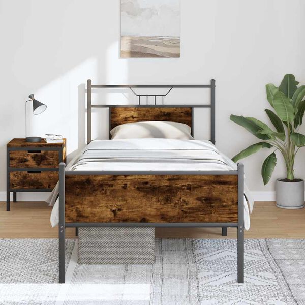 vidaXL Bed Frame Smoked Oak Engineered Wood and Steel Small Single