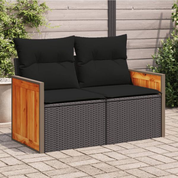 vidaXL Garden Sofa Black Poly Rattan, Powder-Coated Steel, Solid Acacia Wood