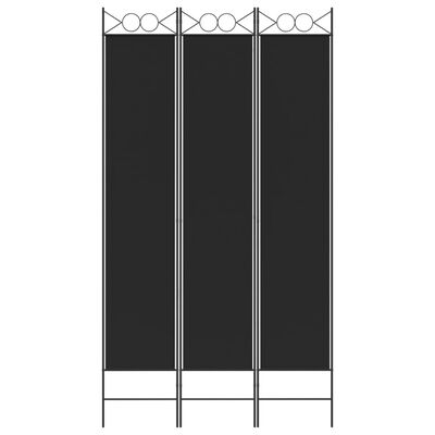 Three-panel black fabric room divider with metal frame and decorative top, standing upright.