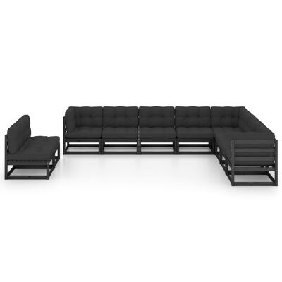 vidaXL 10 Piece Patio Lounge Set with Cushions Black Solid Pinewood