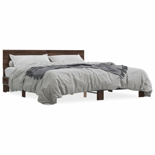 vidaXL Bed Frame Brown Oak Engineered Wood, Metal Double Modern