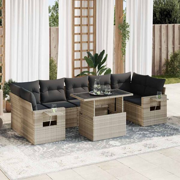 vidaXL Garden Sofa Set Light Grey PE Rattan Large Adjustable Armrests